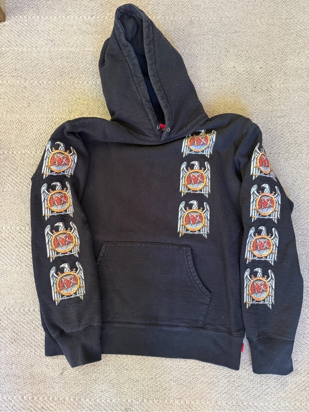 Supreme Black Hoodie with Red and Gold Crest Sleeve Graphics